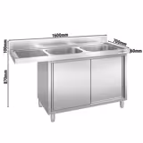 Mesa de prelavado con fregadero PREMIUM - 1600x700mm - derecha - 2 senos - con peto posterior - con estante inferior - con escurridor