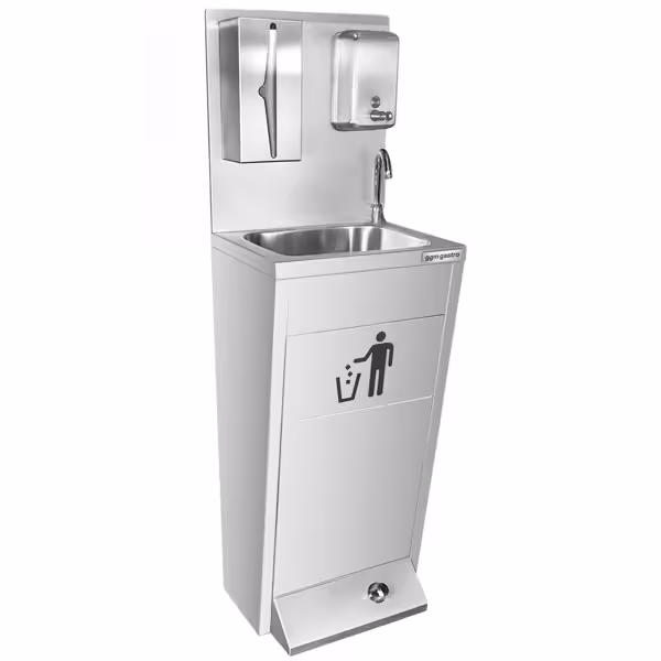 Commercial Hand Wash Sink - Stainless steel - with foot-operated tap, soap dispenser & paper towel dispenser