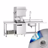 Commercial Pass Through Dishwasher - Mechanical Controls - 7.1kW - incl. Inlet Table right, Outlet Table left - with Detergent & Rinse Aid Dosing Pumps, Drain Pump