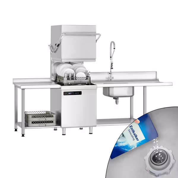 Doorschuifvaatwasser - Mand 500x500mm - Analoog - 7,1kW - incl. invoertafel links, uitvoertafel links - met zeep-/wasmiddelpomp, naglanspomp & afvoerpomp