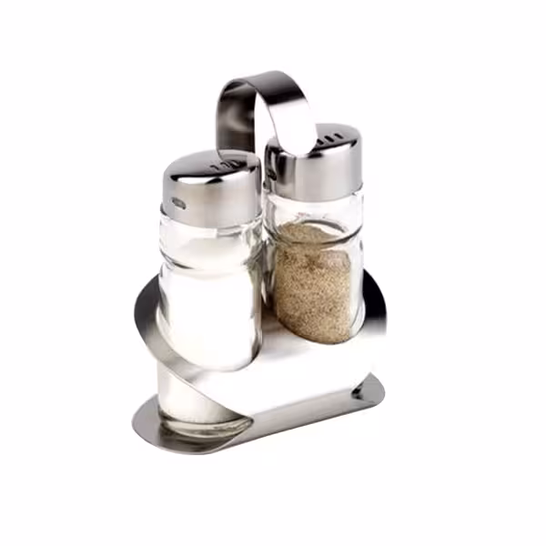 (6 pcs) Salt and Pepper Cruet Set and Stand PRO - 2-piece - Stainless steel stand - Glass - with stainless steel lids - incl. 2 salt & pepper shakers; stainless steel stand - salt & pepper