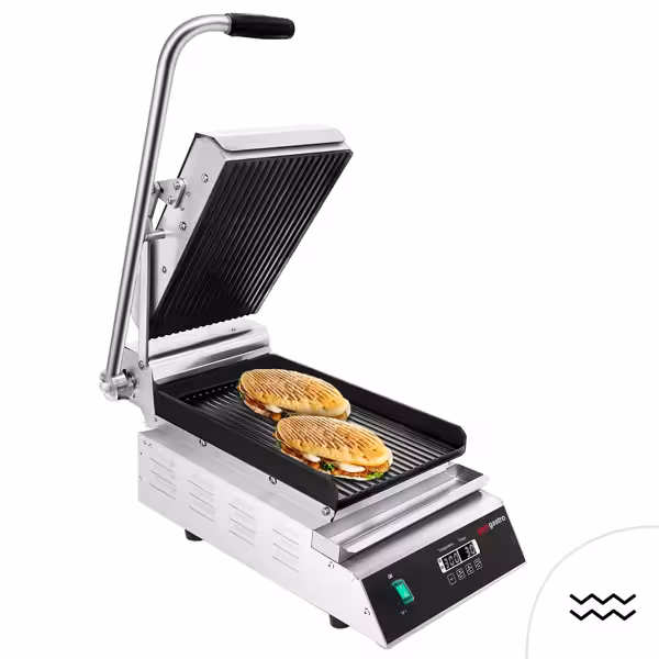 Kontaktní gril / hamburger gril - 2,8 kW - digitální - desky: žebrovaná nahoře i dole - Grilovací plocha: 223x380 mm