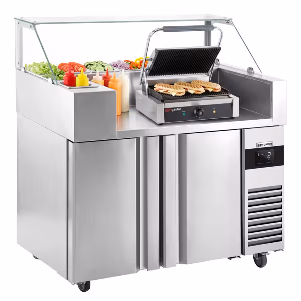 Saladette - 1210x700mm - met 2-deurs - opzet 9x GN 1/6 - incl. contactgrill
