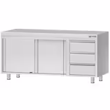 Table armoire en acier inoxydable ECO - 1800x600mm - avec portes coulissantes et 3 tiroirs à droite et étagère basse