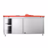 Table armoire en acier inoxydable PREMIUM - 1800x600mm - avec portes coulissantes et étagère basse - pour viande crue - incl. plateau de découpe Rouge PEHD (HACCP)