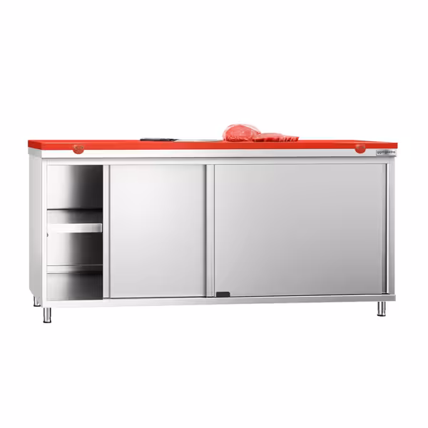 Stainless Steel Floor Cupboard PREMIUM - 1800x600mm - with Sliding Doors - incl. Chopping Board Red