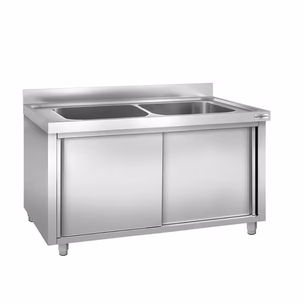 Commercial Pot Sink Cabinet – Stainless Steel - 2 Bowl - Splashback - 2 Sliding Doors - 2000x700mm