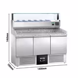 Masă rece pentru pizza PREMIUM - cu blat din granit - 1400x700 mm - cu 3 uși - cu vitrină de ingrediente cu LED - 6x GN 1/4