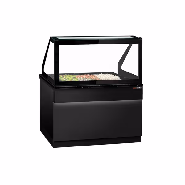 Saladette TORONTO - 1250mm - frontale nero - 2 porte - con vetrina in vetro dritto per 3x GN 1/1, 1 ripiano - piano di lavoro in granito nero