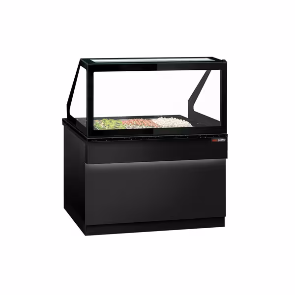 Kylbänk med kylränna TORONTO - 1 250 mm - svart front - 2 dörrar - med rak glasöverbyggnad för 3x GN 1/1 & 1 hylla - svart granitskiva