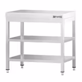 Mesa de trabalho em aço inoxidável PREMIUM - 600x600mm - com prateleira inferior & com prateleira intermédia & com travessas de reforço