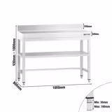 Mesa de trabalho em aço inoxidável PREMIUM - Profissional - 1000x800mm - com prateleira inferior & com painel traseiro & com travessas de reforço