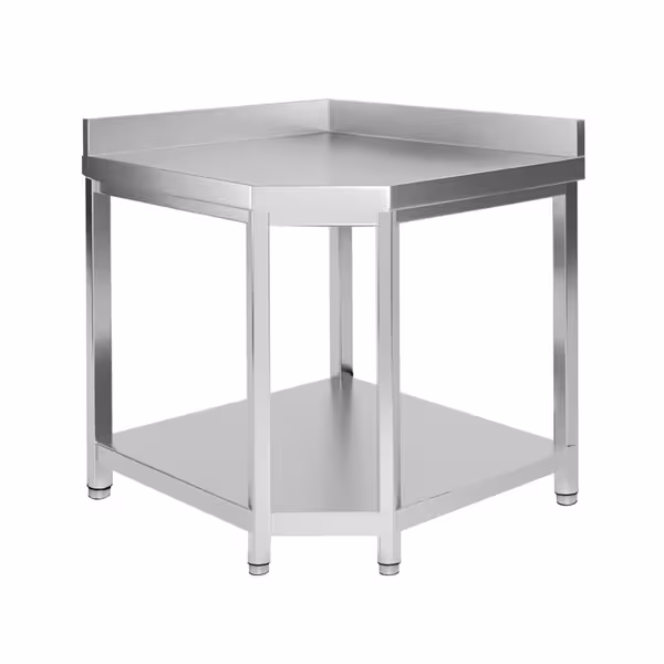 Kutni radni stol od nehrđajućeg čelika PREMIUM - 1000x700 mm - Sa podnom pločom & poleđinom