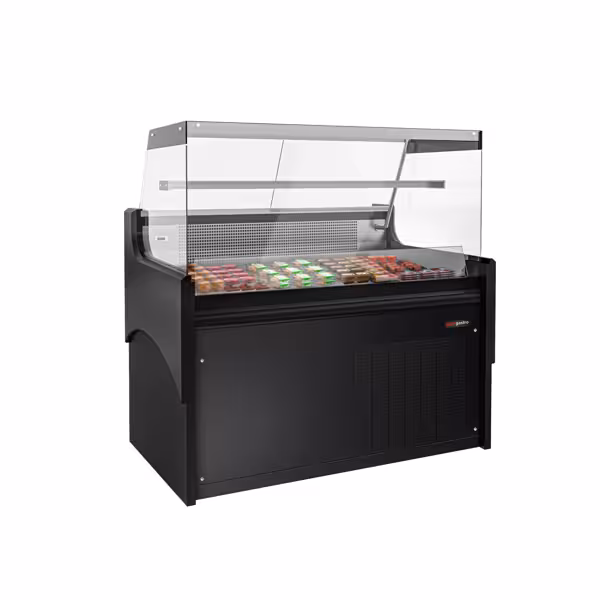 Vitrină frigorifică pentru carne / Vitrină frigorifică orizontală - 1280x975 mm - 120 L - culoare negru - uși din sticlă 2 - geam frontal drept - blat de granit