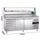 Commercial Pizza Prep Counter - Granite Top PREMIUM - 2000x800mm - with 2 doors & 7 drawers - incl. refrigerated topping unit with glass sneeze guard LED - 9x GN 1/3
