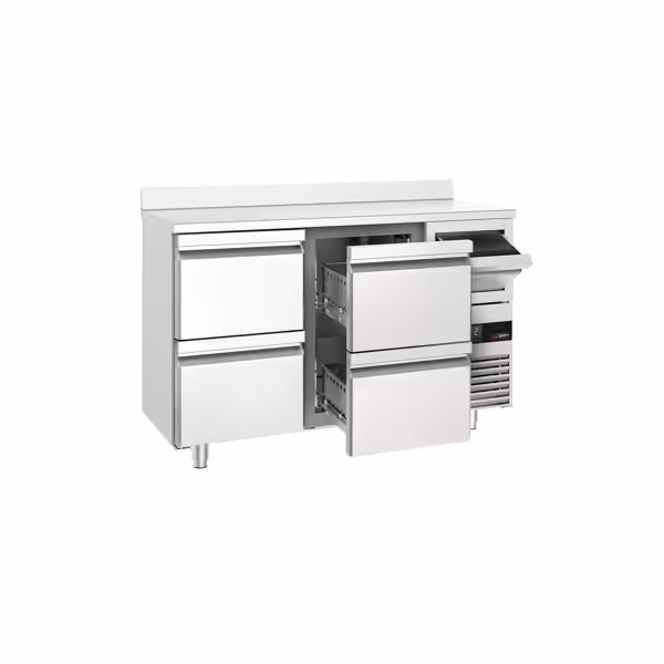 Mesa de refrigeración para bar - 1,58 m - con 4 cajones 1/2, zócalo  y aldabas para café