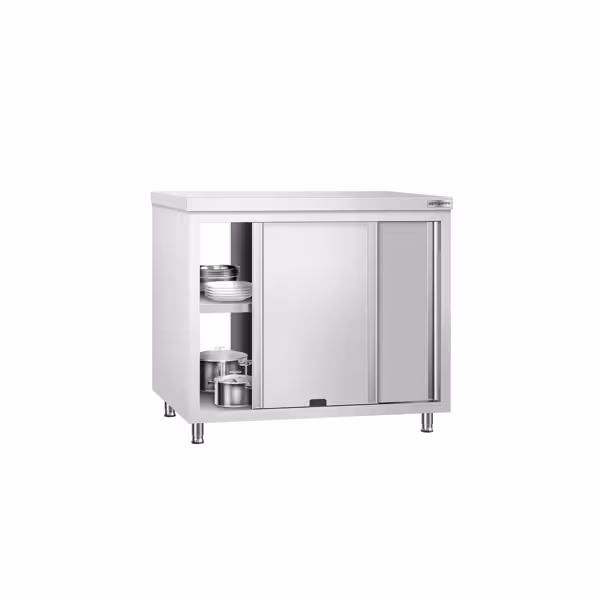 Gesloten RVS werktafel KOPENHAGEN PREMIUM - 1000x700mm - met 4 schuifdeuren, doorgeefmodel