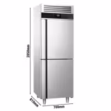Armadio congelatore in acciaio inox PREMIUM - GN 2/1 - 700mm - 700L - fino a -20°C - con 2 mezze porte in vetro - professionale; ventilato; LED; Binari & Griglie portanti