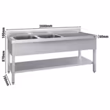 Lavatório ECO em aço inox - com base - 2,0 m - 2 lavatórios à esquerda - C 60 x L 50 x P 30 cm