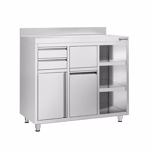 Meuble inox pour machine à café -  1200x600 mm - 2 tiroirs - 1 porte battante - Trappe à déchets - Bac à déchets basculant - Avec dosseret - Étagère réglable à droite