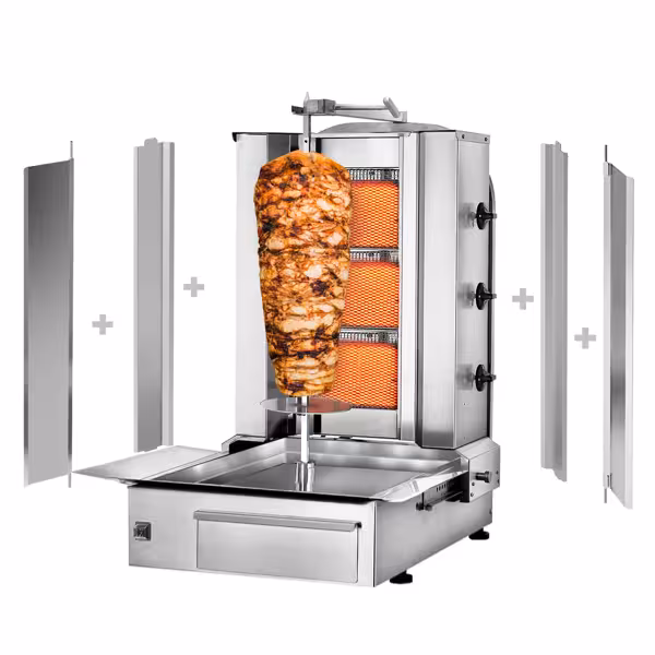 Gas Doner Kebab Grill (Shawarma/Gyros) - 3 Burner - up to 40kg - 9.75kW - Countertop - incl. 2 splash guards & 2 double doors