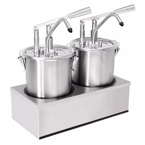 Commercial Condiment Dispenser - 2x 4 litres - adjustable dose - with container - Stainless steel - 405x205x415mm - incl. stainless steel frame
