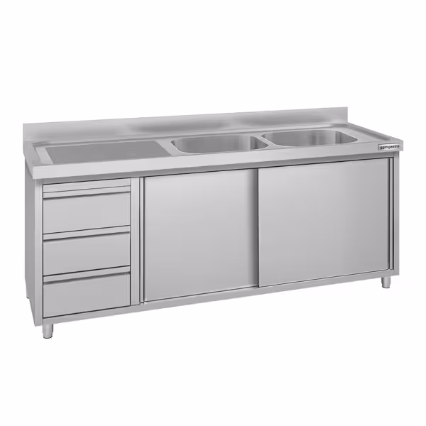 Commercial Sink Cabinet ECO - 2000x700mm - 2 bowls right-hand - 3 drawers