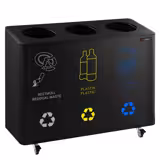 Commercial waste sorting system - 3 compartments - 25 litres each - With 4 castors - Black