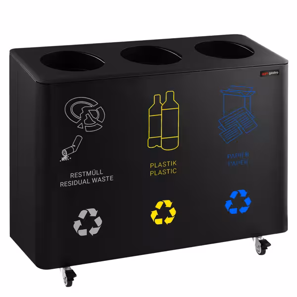 Afvalscheidingssysteem - gesloten - 3 vakken van 25 liter - 960x360x640mm - met wielstel, inwerpopening, kleurcodering - zwart - staal, kunststof