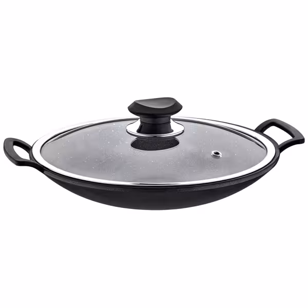 مقلاة ووك - غير لاصقة - Ø 300 mm (قطر 30 سم) - الارتفاع: 115 mm - مع غطاء زجاجي - مناسبة لـ جميع المواقد بما فيها الحث - أسود