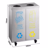 Recycling station - 2-Stream - 2 compartments of 25L each - 50L - 720(H)x500(W)x250(D)mm - with wheels (4, 2 lockable), inner buckets, colour-coded labels - Stainless steel