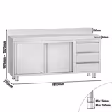 Table armoire en acier inoxydable ECO - 1800x700mm - avec 3 tiroirs à droite et portes coulissantes - avec dosseret