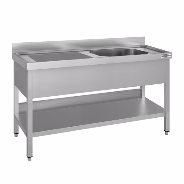 Diskbänk i rostfritt stål ECO - 1600x600 mm - med underhylla - 1 ho höger - med stänkskydd - med avrinningsyta
