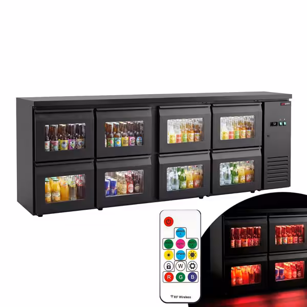 Premium koeltafel voor bars en dranken - 2540 mm - met 8 glazen laden en RGB-ledverlichting