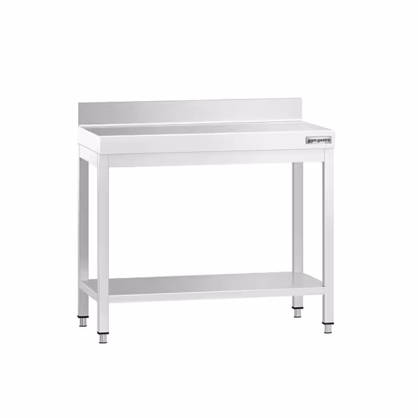Nerezový pracovní stůl PREMIUM - 800x600 mm - se spodní policí & se zadním lemem & s vyztuženou pracovní deskou