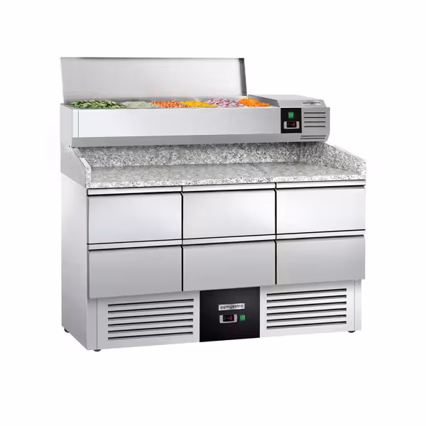 Pizzakühltisch PREMIUM - 1400x700mm - mit 6 Schubladen 1/2 - inkl. Kühl-Aufsatzvitrine 6x GN 1/4