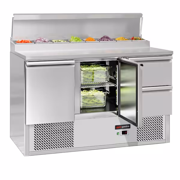 Comptoir de préparation réfrigéré ECO - 1368x700mm - avec 2 Portes & 2 Tiroirs GN 1/1 - À capot inox 8x GN 1/6 - incl. Grilles GN 1/1