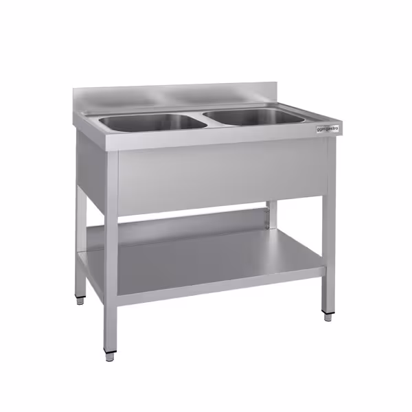 Diskbänk i rostfritt stål ECO - 1000x600 mm - med underhylla - 2 hoar - med stänkskydd