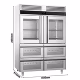 Koelkast met glasdeur RVS PREMIUM - GN 1/1 - GN 2/1 - 1400mm - 1400liter - tot -2°C tot +8°C - met 2 glasdeuren - geforceerde koeling, LED‑verlichting & legroosters