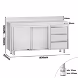 Rozsdamentes acél munkaszekrény ECO - 1400x600 mm - tolóajtós, 3 fiókos – jobb oldali fiókblokk, 2 ajtós – hátsó felhajtással