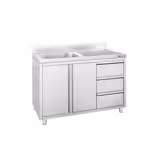 Dřezová skříňka ECO - nerezová ocel - 1200x700 mm - se 3 zásuvkami - křídlové dveře - s odkapávací plochou vpravo - s 1 dřezem vlevo