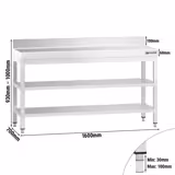 Commercial Stainless Steel Table with Upstand PREMIUM - 1600x700mm - with Undershelf - with Rear Upstand - with 2 Undershelves