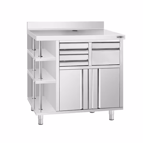 Dolaplı çalışma tezgahı - Kahve makinesi için- 1000x600mm - Telve kovalı, 2 çekmeceli, 2 kapılı & sırtlı