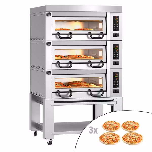 (3 szt.) Elektryczny Piec do pizzy - 3 x 4 x Ø34cm - Panel dotykowy - z okapem i ramą nośną