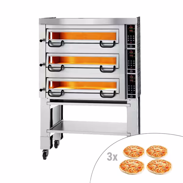 Elektrische pizzaoven (chamotte bakvloer) - 1130x1010x2028mm - 3 kamers - 3x4 pizza’s Ø34cm - tot 450°C - Touch - incl. rvs afzuigkap & onderstel & wielenset