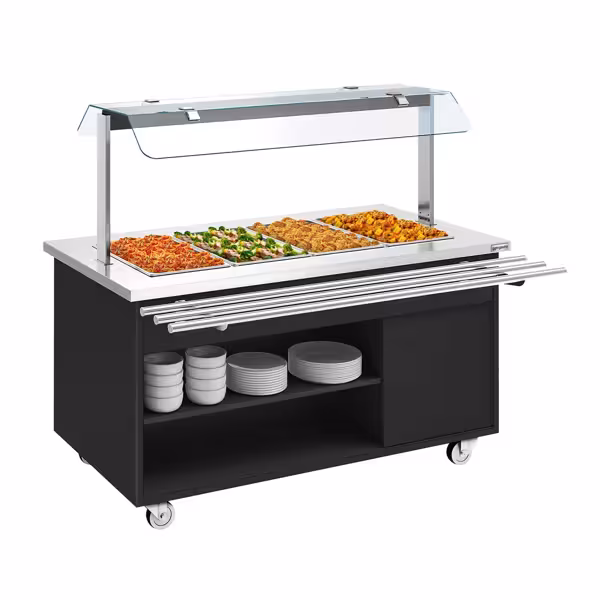 Carrinho de buffet quente DANZIG - 1600mm - para 4x GN 1/1 - com corrediça para tabuleiro - preto