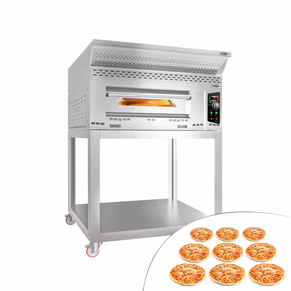 Gas pizzaoven (chamotte bakvloer) - 1480x1400x2060mm - 1 kamer - 1x9 pizza’s Ø34cm - tot 450°C - Handmatig - incl. afzuigkap, onderstel & wielstel