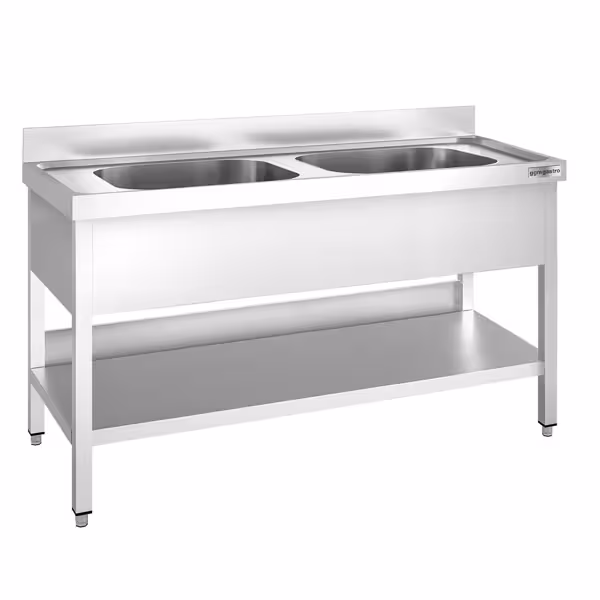 Diskbänk i rostfritt stål PREMIUM - 1600x600 mm - med underhylla - 2 hoar - med stänkskydd