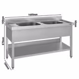 Stainless Steel Commercial Sink Unit ECO - 1600x700mm - with Double Bowl Centre - with Undershelf - with Upstand