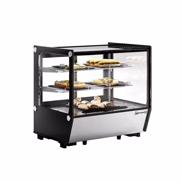 Vetrina refrigerata da banco - 120l - 702mm - Doppio vetro; 2 porte scorrevoli in vetro - vetro dritto - con 2 ripiani - LED interni; 4 lati vetro